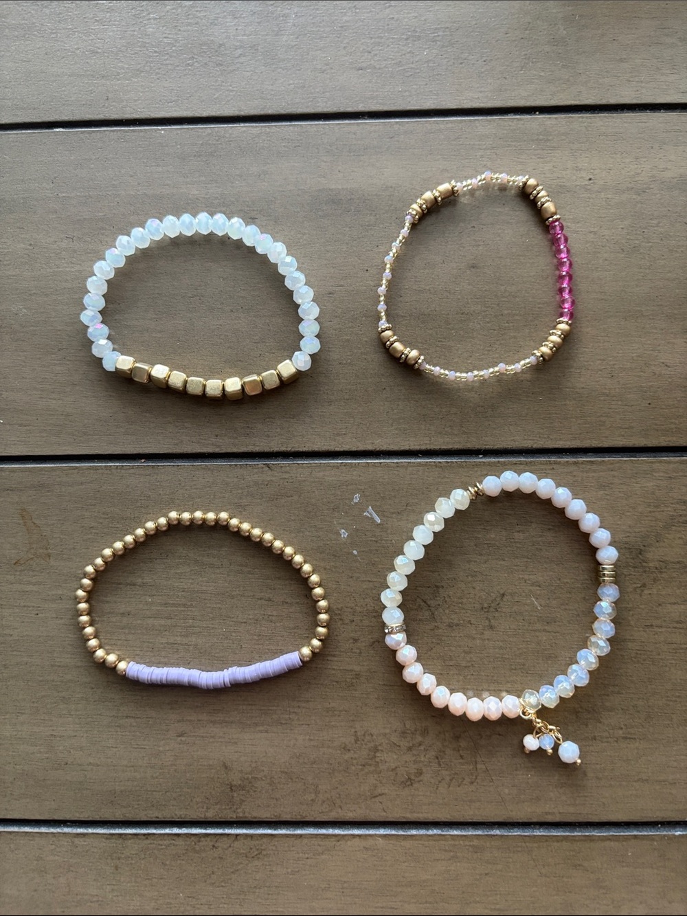 773. Plunder Beaded Stretch Bracelets in Opal, Pink, Purple, and Gold Tone Beads